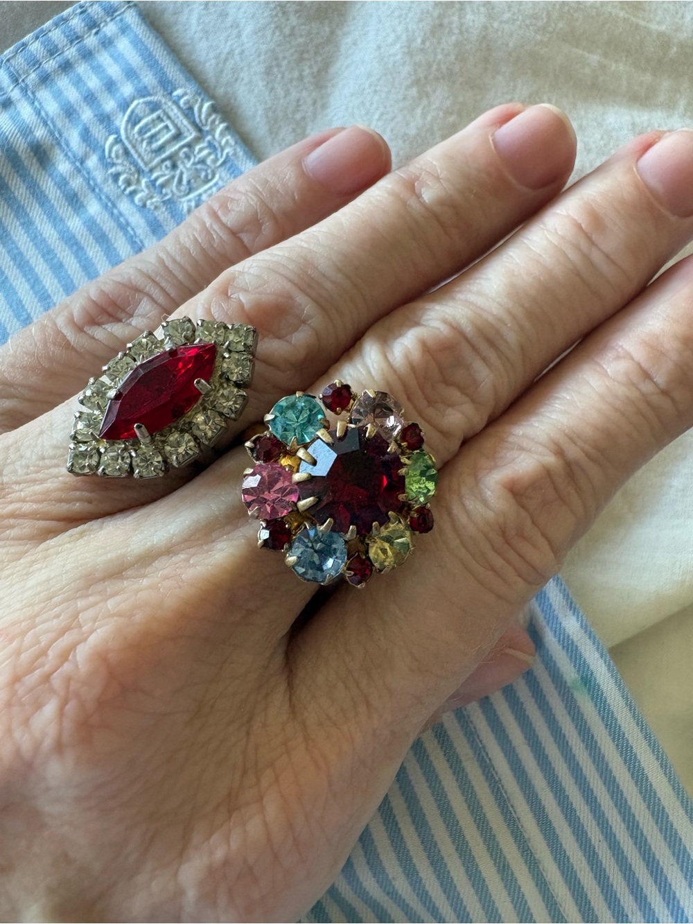 Set of two rings made from vintage clip earrings. Size adjustable.